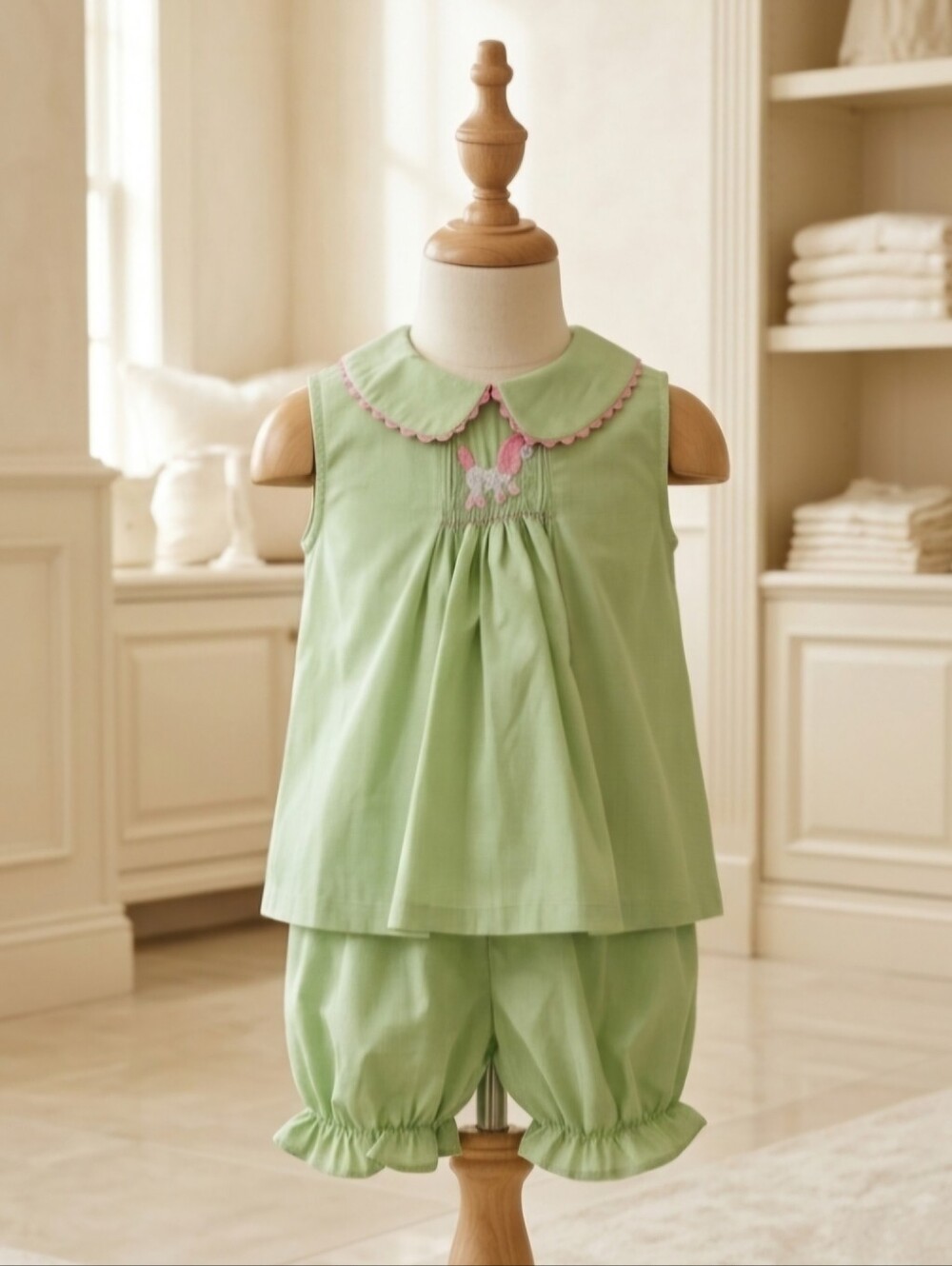 Mom & Me Green & White Micro Check Smocked Pink Poodle Swing Set Size 12M